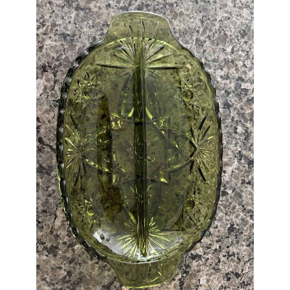 VTG Anchor Hocking Glass Green Star Of David Prescut 2 Part Divided Relish Tray